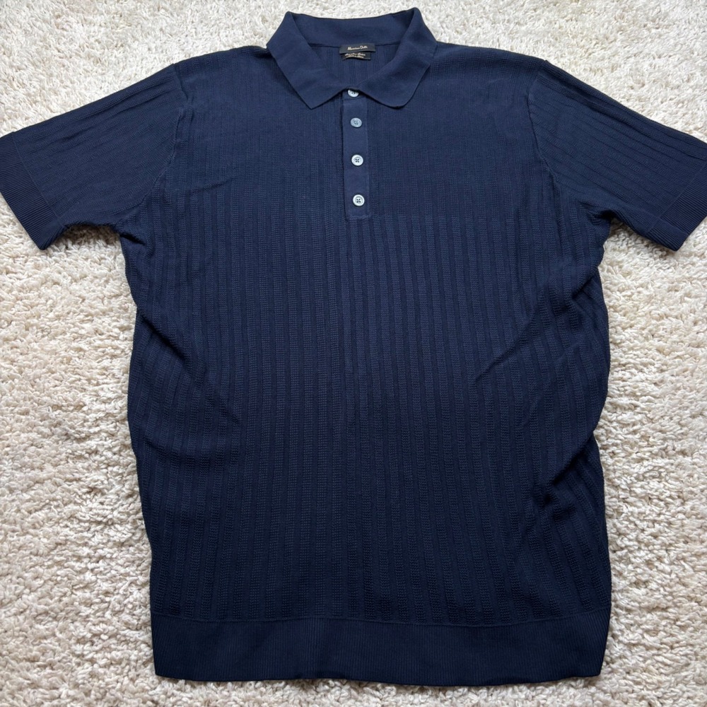 Massimo Dutti Knit Polo Shirt Mens XL Navy Blue Ribbed Cotton Short Sleeve - Picture 7 of 8